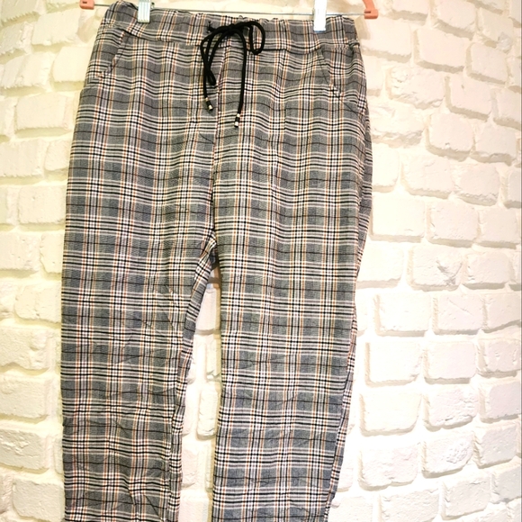 NT By Amati Black Yellow Plaid Elastic Waist Pants Made In Italy NEW One Sz - Picture 1 of 10